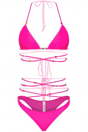 2PC CRISS CROSS TIES BEADS BIKINI SWIMSUIT SET