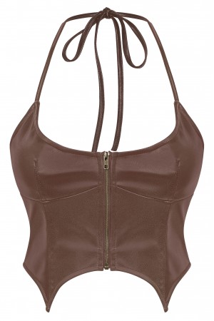 HALTER FAUX LEATHER BUSTIER ZIPPER CROP TOP