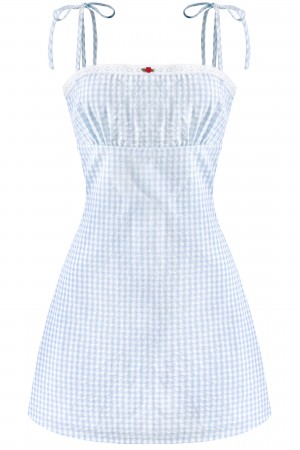 SLEEVELESS LACE TRIM CHECKERED MINI DRESS