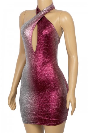 SLEEVELESS HALTER METALLIC MINI DRESS