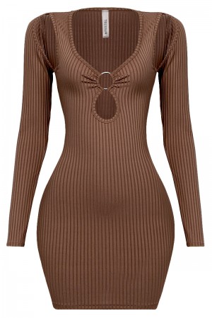 LONG SLEEVE FRONT CUTOUT RIBBED MINI DRESS