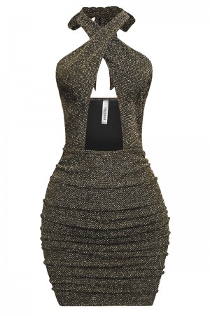 SLEEVELESS HALTER MINI METALLIC DRESS