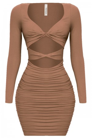 LONG SLEEVE RUCHED MINI DRESS W/ FRONT CUTOUTS