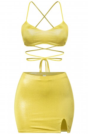 SLEEVELESS CROP TOP & MINI SKIRT W/ SLIT SET