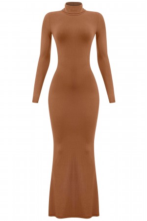 LONG SLEEVE TURTLENECK RIBBED MAXI DRESS
