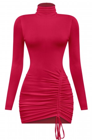 LONG SLEEVE TURTLENECK MINI DRESS W/ SIDE RUCHING