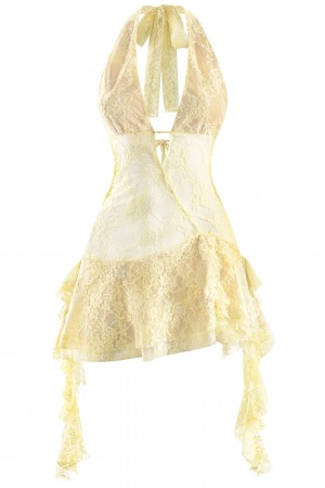 SLEEVELESS HALTER SHEER LACE RUFFLED MINI DRESS