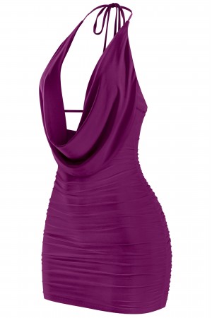 SLEEVELESS HALTER OPEN BACK RUCHED MINI DRESS