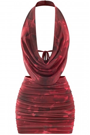 HALTER COWL NECK MESH ABSTRACT MINI DRESS