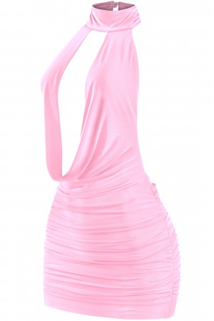 HIGH HALTER COWL NECK BACKLESS RUCHED MINI DRESS