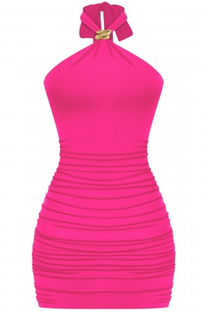 SLEEVELESS HALTER RUCHED MINI DRESS