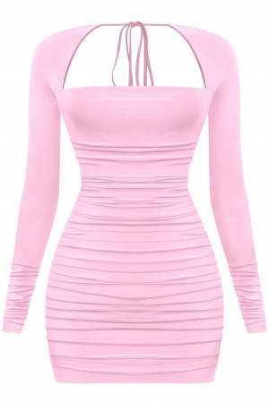 LONG SLEEVE SQUARENECK RUCHED MINI DRESS
