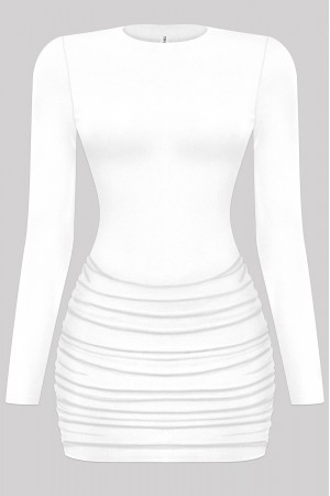 MIXED MEDIA LONG SLEEVE RUCHED MINI DRESS