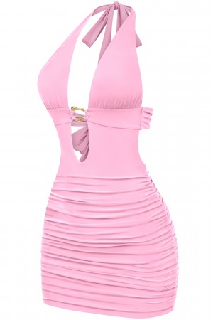 SLEEVELESS HALTER MINI DRESS