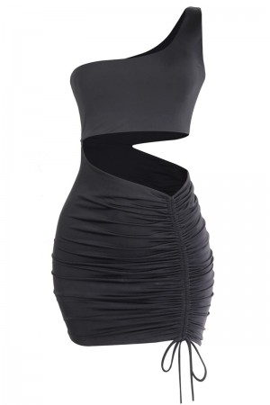ONE SHOULDER SLEEVELESS MINI W/RUCHING & WAIST CUT OUT